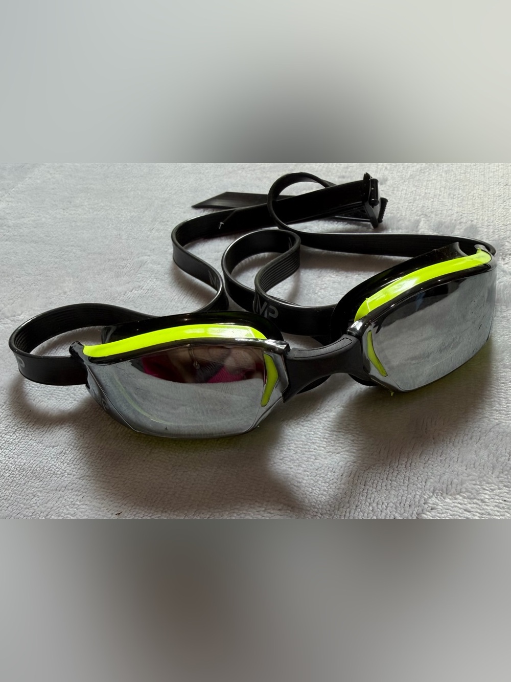 Michael Phelps MP Competitive Swim Race Goggles Black Neon Yellow Pool Mirrored